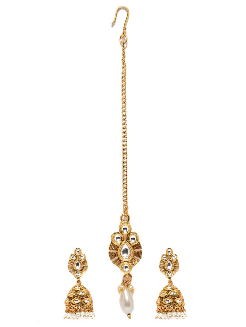 gold brass jhumka earring maangtikka - 16965048 - Zoom Image - 2