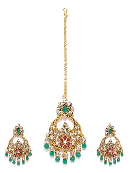 green brass chandballi earring and maangtikka - 16965162 - Standard Image - 1