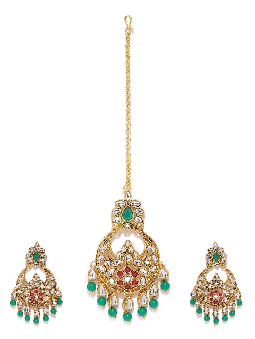 green brass chandballi earring and maangtikka - 16965162 - Zoom Image - 1
