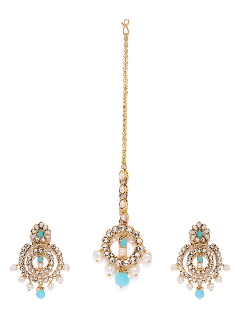 blue brass chandellier earring and maangtikka - 16965163 - Zoom Image - 1