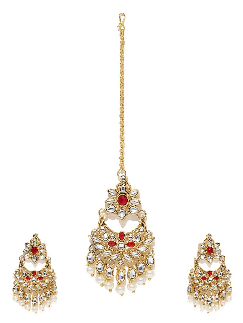 red brass chandballi earring and maangtikka - 16965171 - Zoom Image - 1