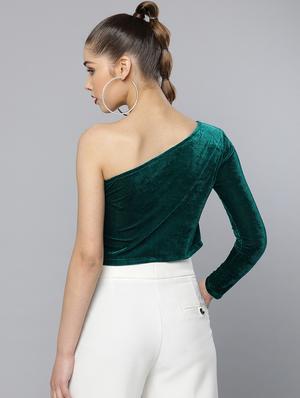 single shoulder velvet crop top - 16971942 - Standard Image - 3