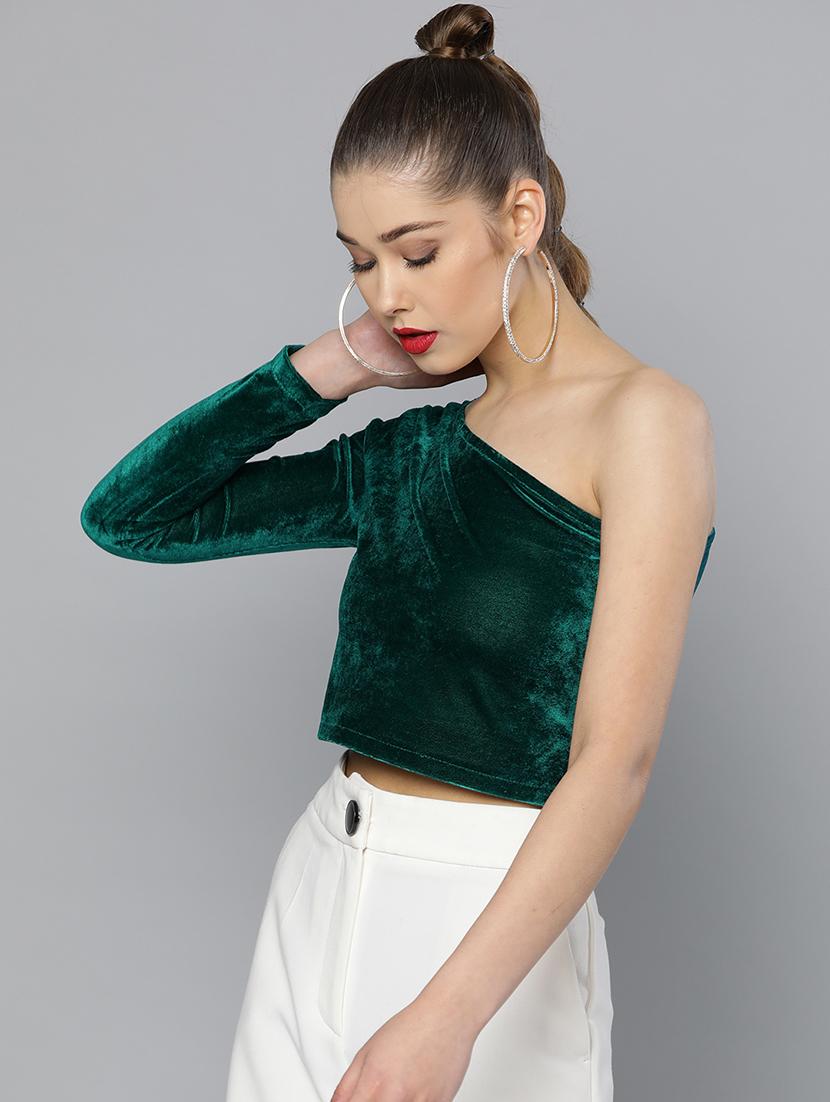 single shoulder velvet crop top - 16971942 - Zoom Image - 2