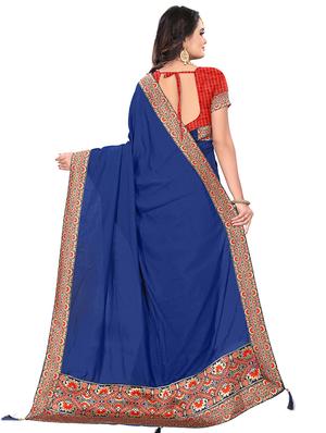 solid bordered saree with blouse - 16972762 - Standard Image - 2