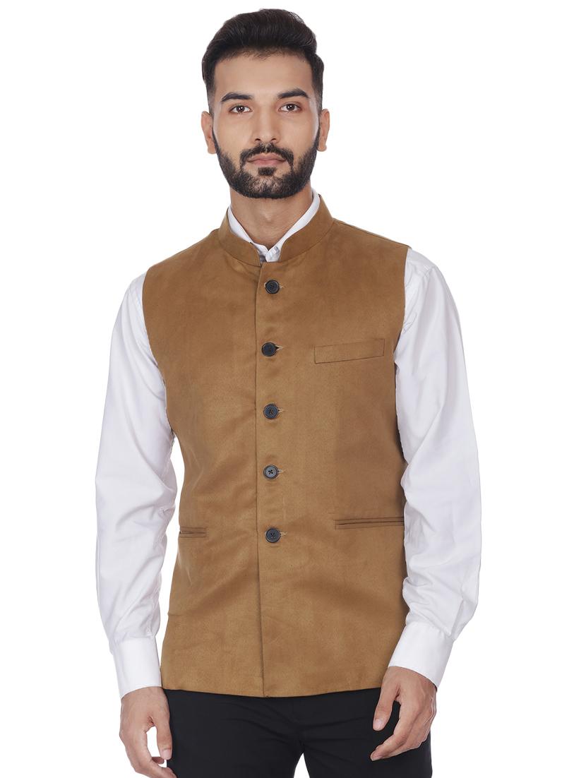 brown solid velvet nehru jacket - 16973788 - Zoom Image - 1