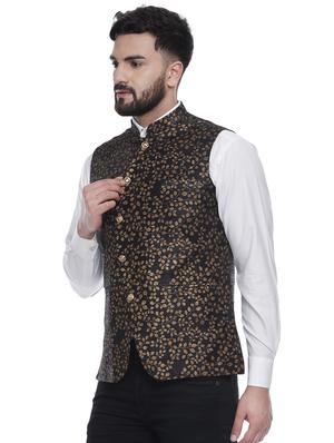 black printed silk nehru jacket - 16973790 - Standard Image - 2