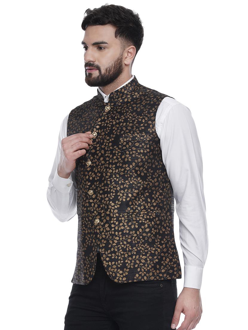 black printed silk nehru jacket - 16973790 - Zoom Image - 2