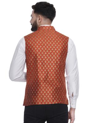 orange printed silk nehru jacket - 16973793 - Standard Image - 3