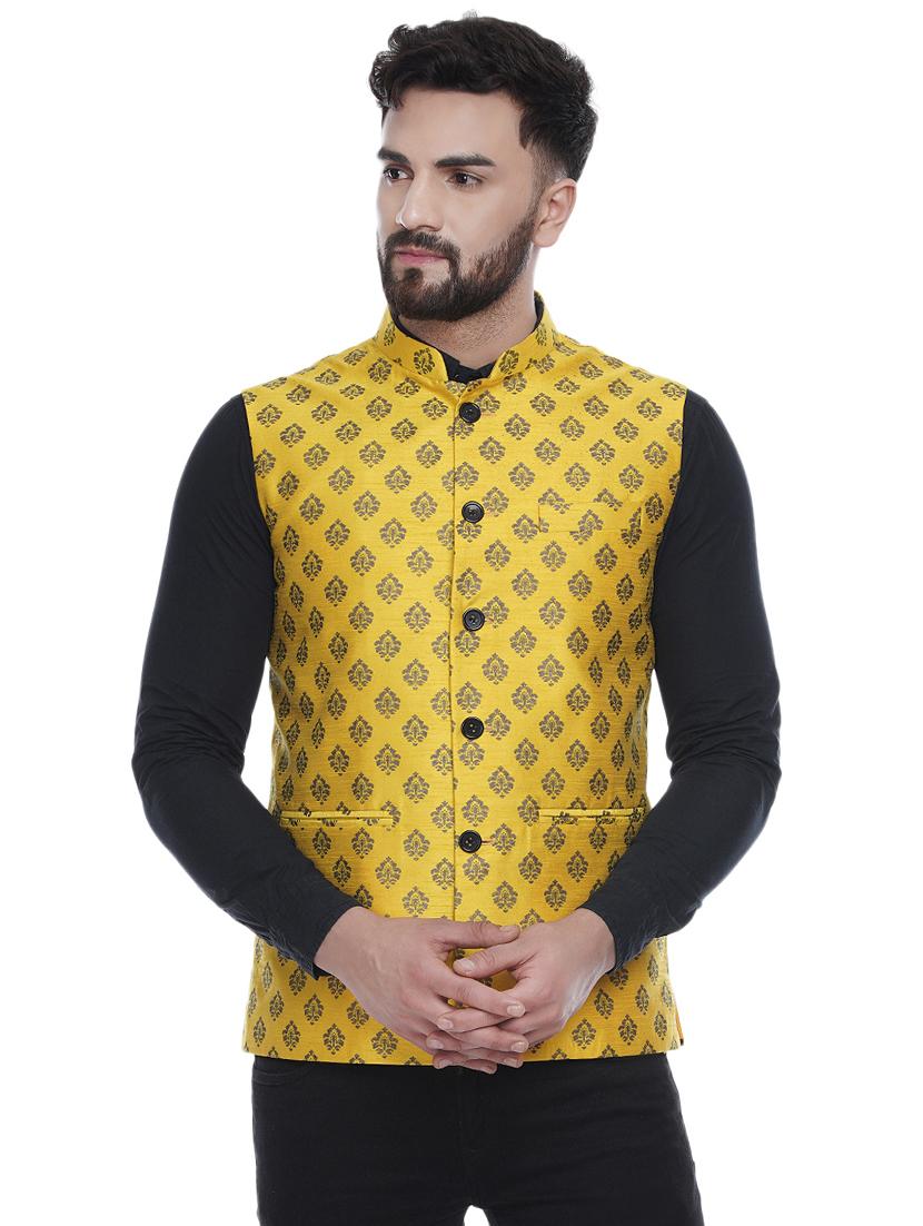 yellow printed silk nehru jacket - 16973795 - Zoom Image - 1