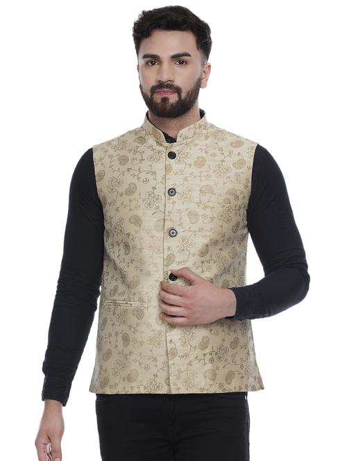 beige woven silk nehru jacket - 16973796 -  Standard Image - 0