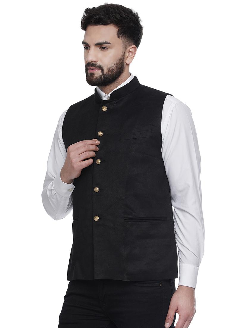 black solid velvet nehru jacket - 16973800 - Zoom Image - 2