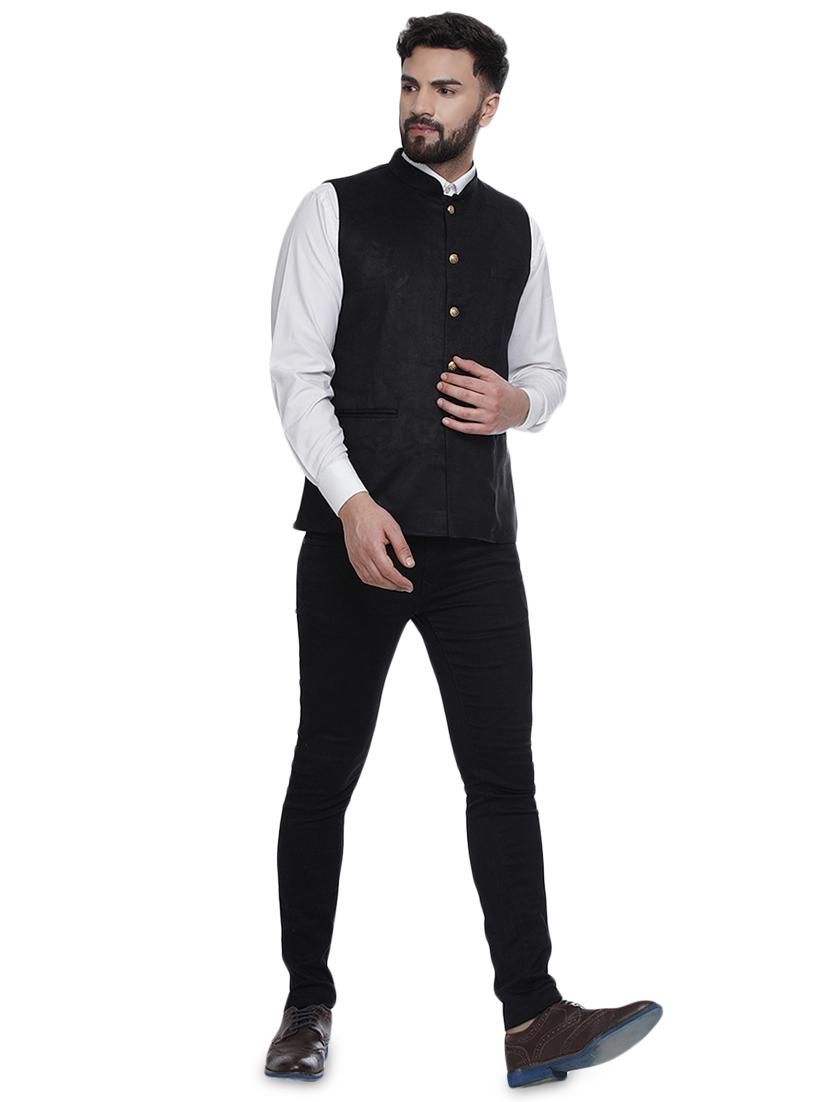 black solid velvet nehru jacket - 16973800 - Zoom Image - 4