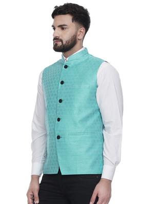 blue jacquard silk blend nehru jacket - 16973814 - Standard Image - 2
