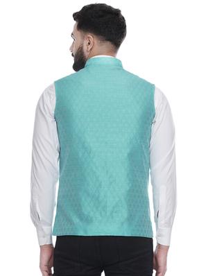 blue jacquard silk blend nehru jacket - 16973814 - Standard Image - 3