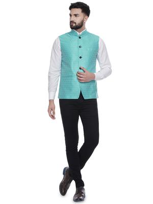 blue jacquard silk blend nehru jacket - 16973814 - Standard Image - 4