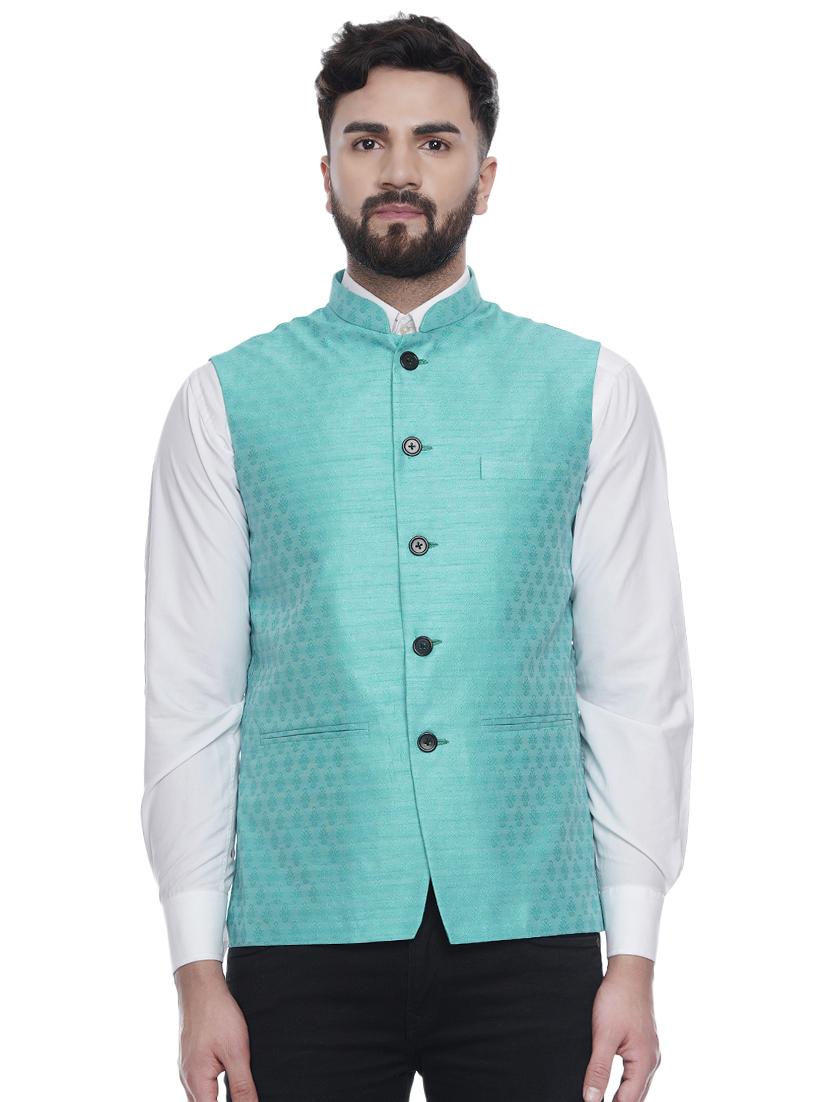 blue jacquard silk blend nehru jacket - 16973814 - Zoom Image - 1