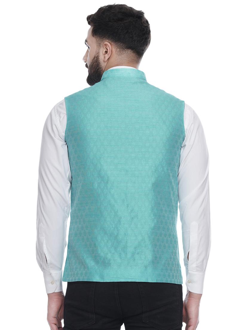 blue jacquard silk blend nehru jacket - 16973814 - Zoom Image - 3