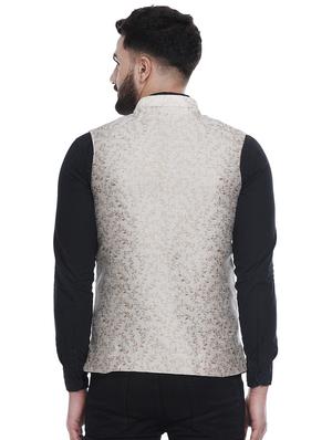 beige jacquard silk blend nehru jacket - 16973823 - Standard Image - 3