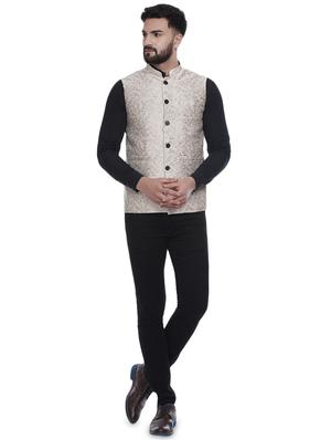 beige jacquard silk blend nehru jacket - 16973823 - Standard Image - 4