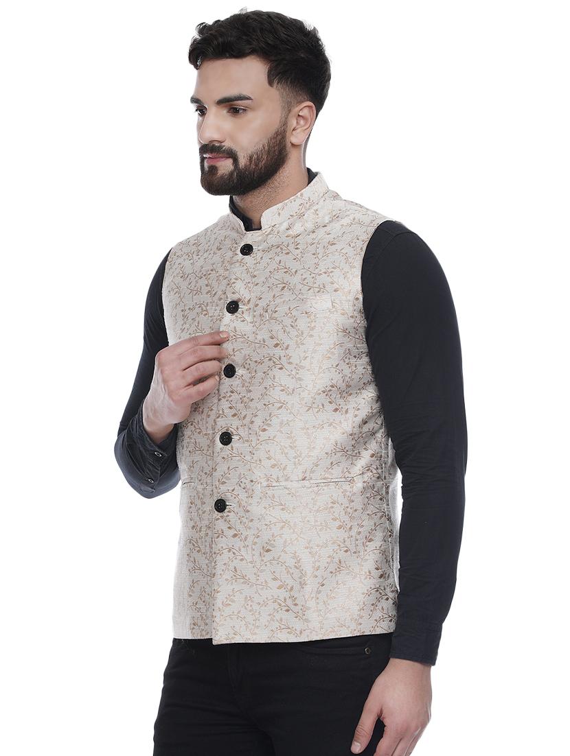 beige jacquard silk blend nehru jacket - 16973823 - Zoom Image - 2