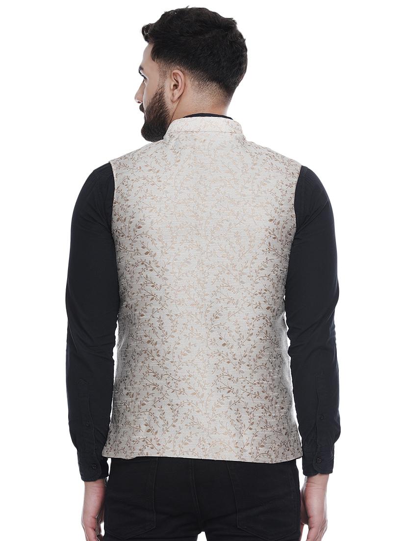 beige jacquard silk blend nehru jacket - 16973823 - Zoom Image - 3
