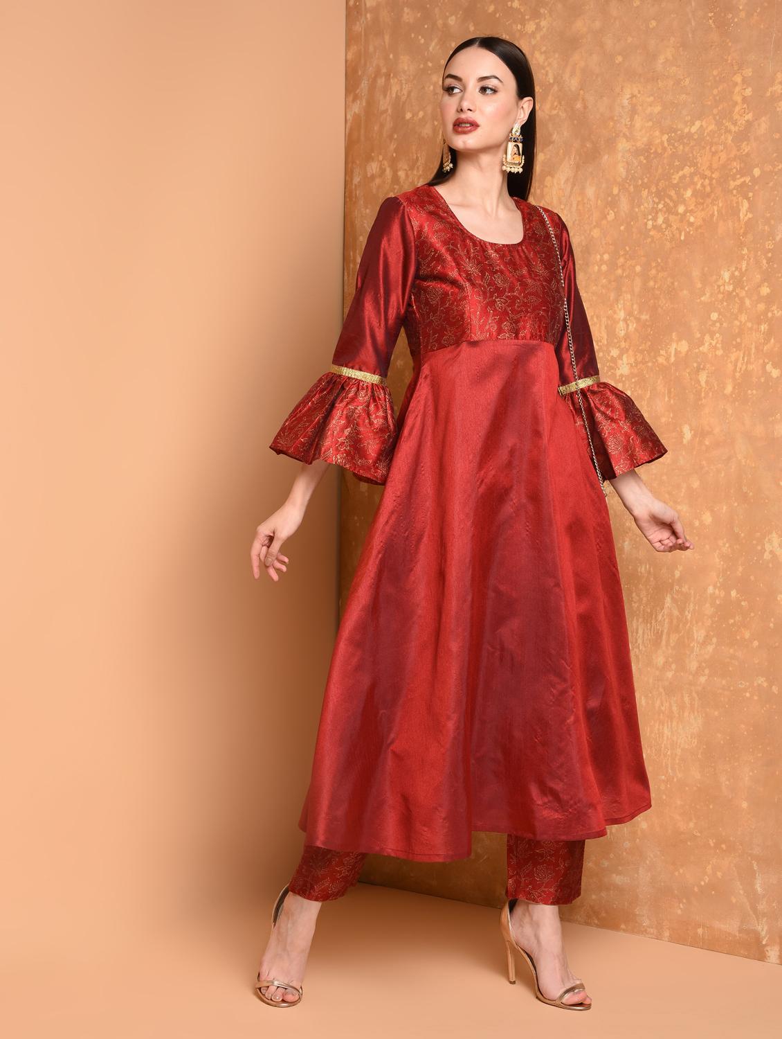 red chanderi kurta palazzo set - 16974613 - Zoom Image - 1
