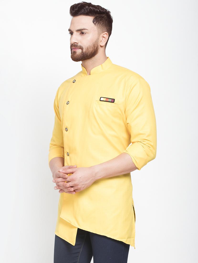 yellow solid asymmetric short kurta - 16974864 - Zoom Image - 2