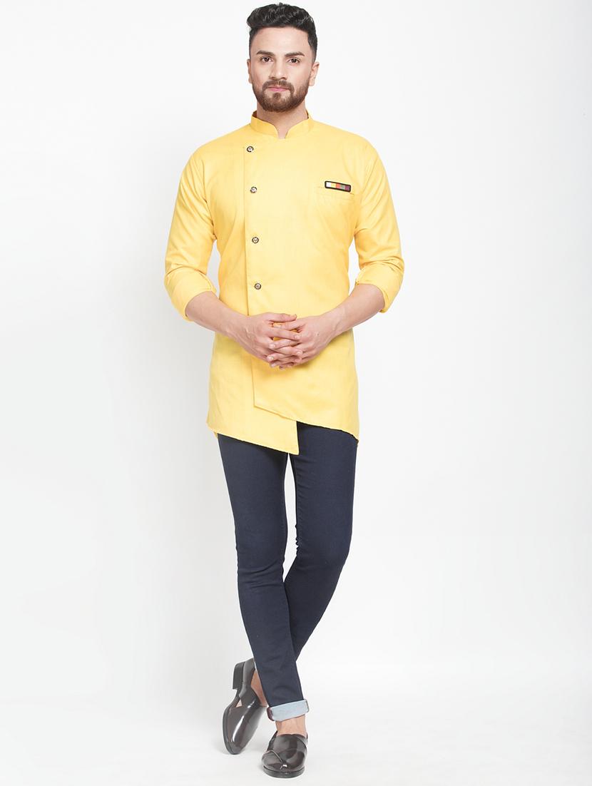 yellow solid asymmetric short kurta - 16974864 - Zoom Image - 4
