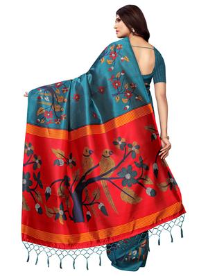 turquoise silk blend printed saree with blouse - 16976777 - Standard Image - 2