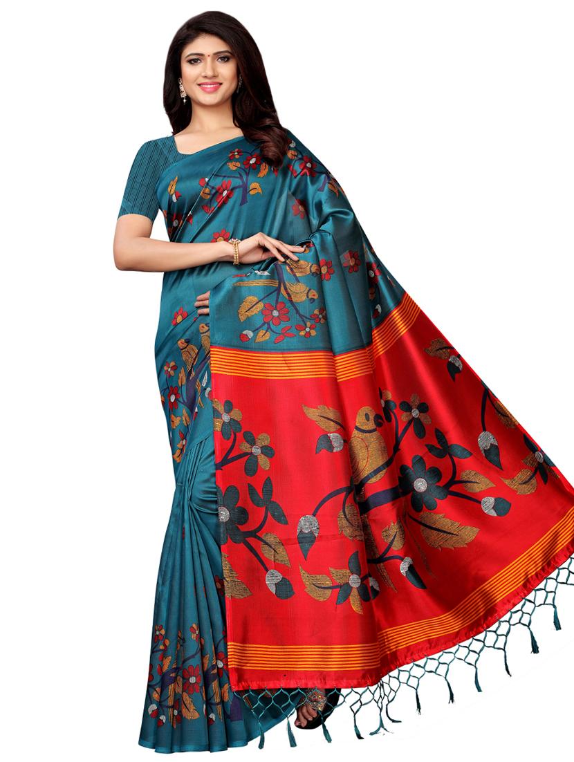 turquoise silk blend printed saree with blouse - 16976777 - Zoom Image - 1