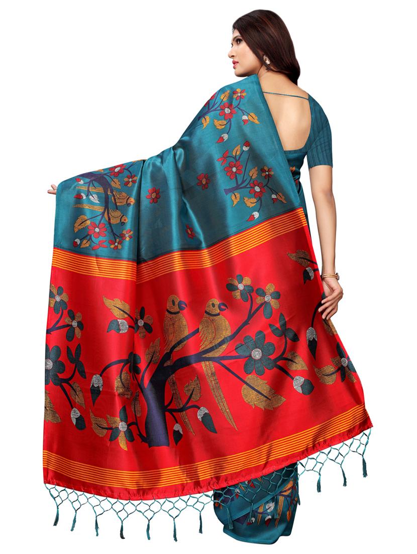 turquoise silk blend printed saree with blouse - 16976777 - Zoom Image - 2
