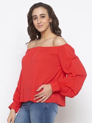 ruched sleeve off shoulder top - 16978927 - Standard Image - 2