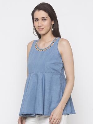 embroidered detail denim peplum top - 16978934 - Standard Image - 2