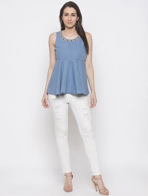 embroidered detail denim peplum top - 16978934 - Standard Image - 4