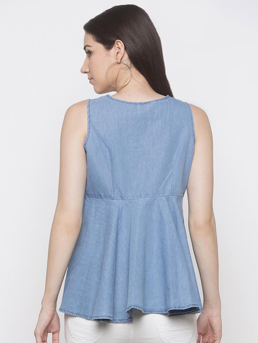 embroidered detail denim peplum top - 16978934 - Zoom Image - 3