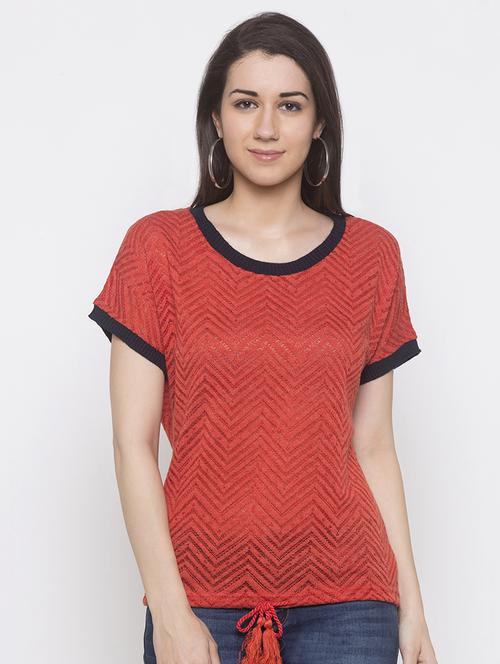 contrast ribbed drawstring waist top - 16978981 - Standard Image - 1