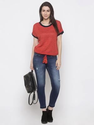 contrast ribbed drawstring waist top - 16978981 - Standard Image - 4