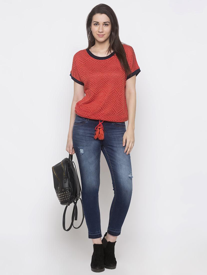 contrast ribbed drawstring waist top - 16978981 - Zoom Image - 4