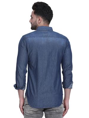 navy blue faded denim casual shirt - 16979347 - Standard Image - 3