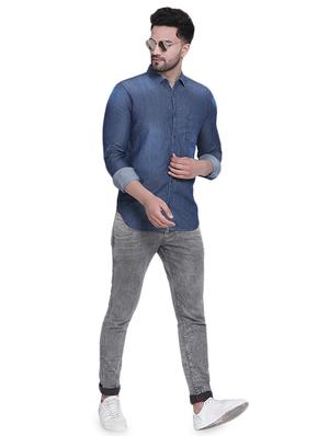 navy blue faded denim casual shirt - 16979347 - Standard Image - 4