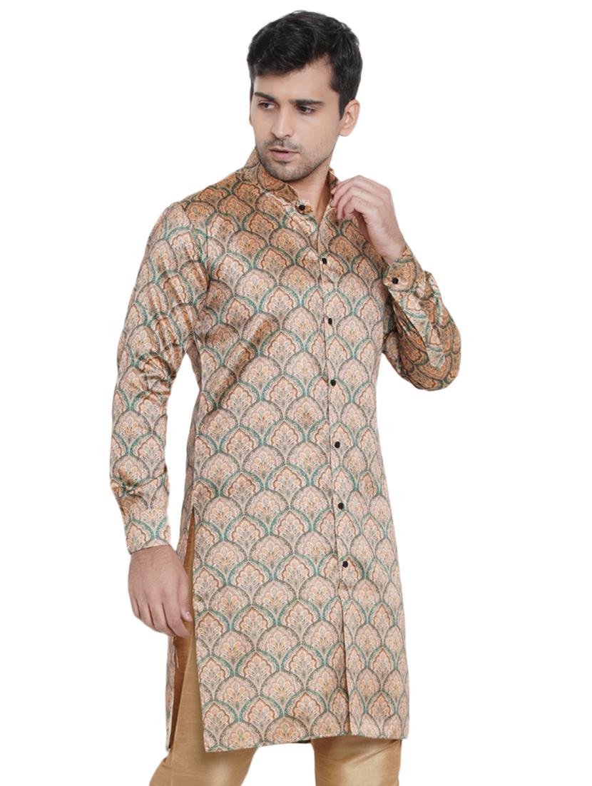 beige printed silk blend medium length kurta - 16979458 - Zoom Image - 2