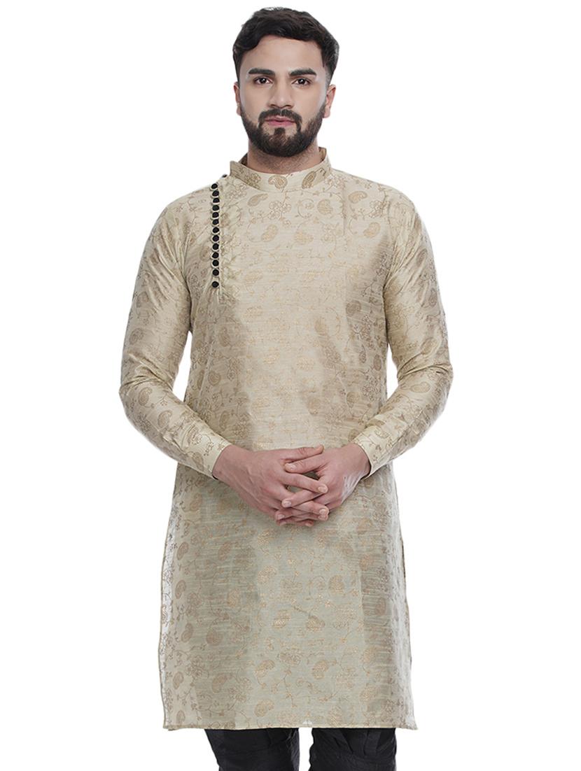 beige printed silk blend medium length kurta - 16979476 - Zoom Image - 1