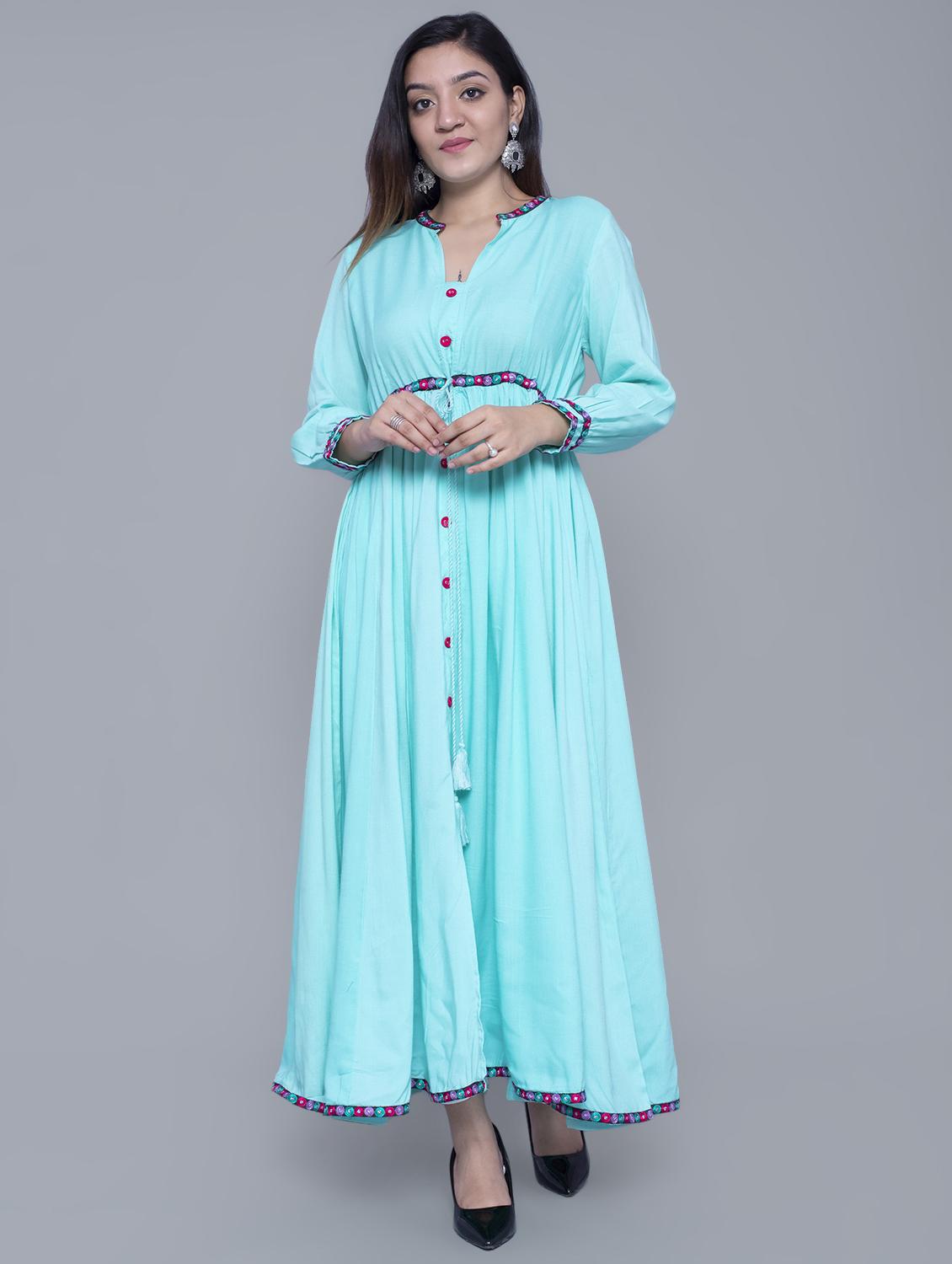turquoise lace detailed flared kurta - 16980748 - Zoom Image - 1