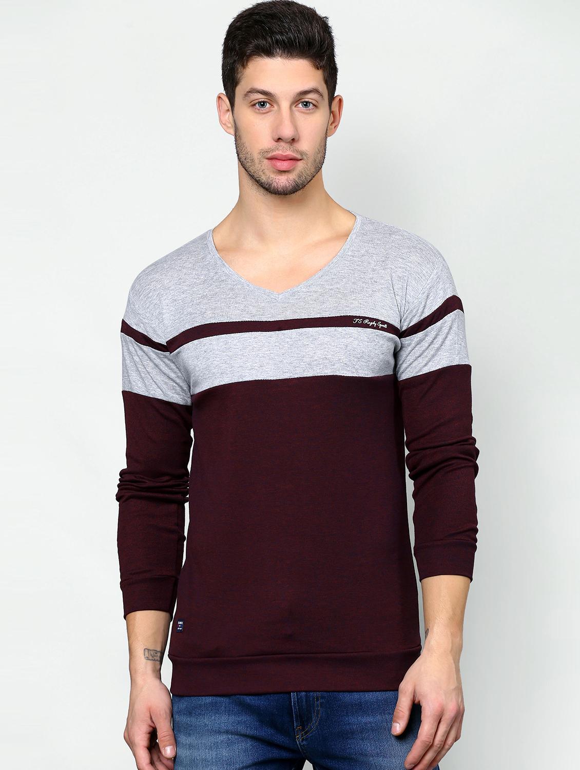 maroon color block cut & sew t-shirt - 16981750 - Zoom Image - 1
