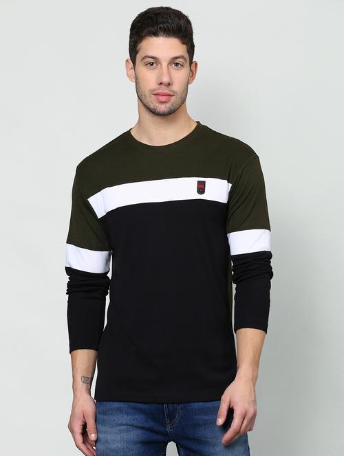 olive green color block cut & sew t-shirt - 16981761 - Standard Image - 1