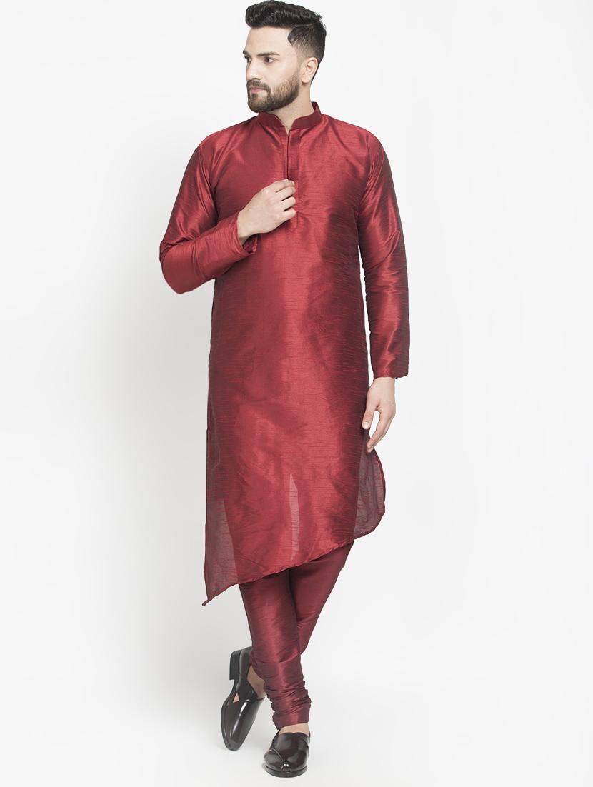 maroon silk blend kurta pyjama set - 16981930 - Zoom Image - 1