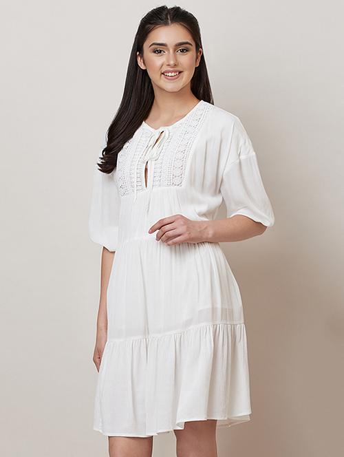 tie up neck embroidered flared dress - 16983107 - Very Small Image - 1