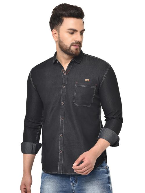 black solid denim casual shirt - 16985267 - Standard Image - 1