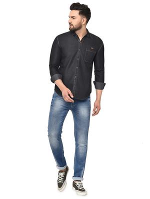 black solid denim casual shirt - 16985267 - Standard Image - 4