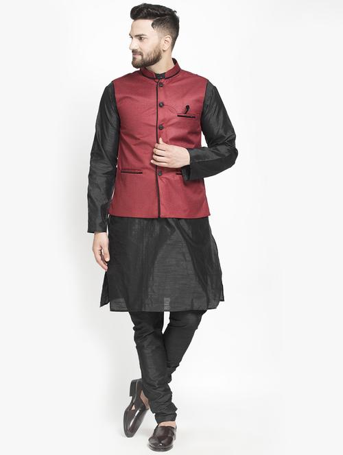 black silk blend kurta pyjama set with maroon solid nehru jacket - 16985914 - Standard Image - 1